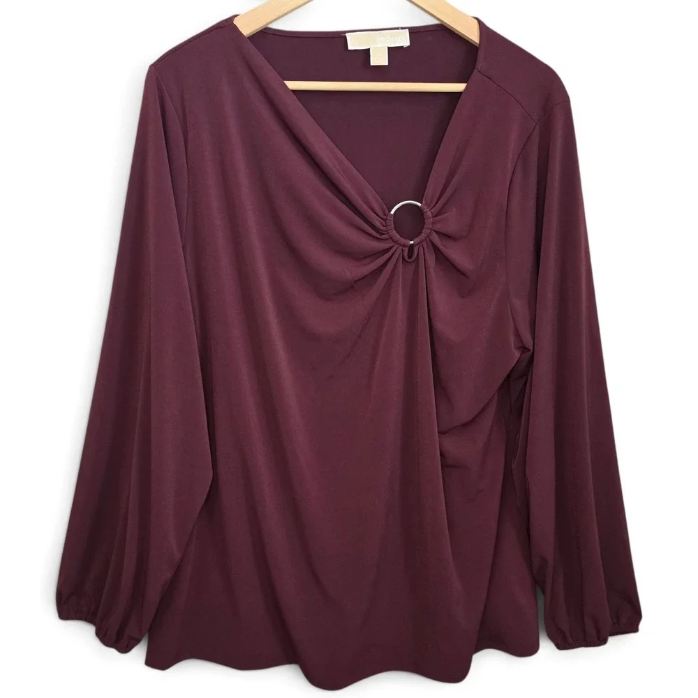 Michael Kors Top Womens 2X Burgundy Wine O Ring Draped V Neck Long Sleeve Blouse